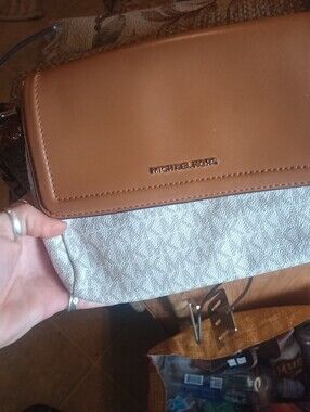 Michael Kors Women’s Brown Leather And White Small Purse with Silver Logo